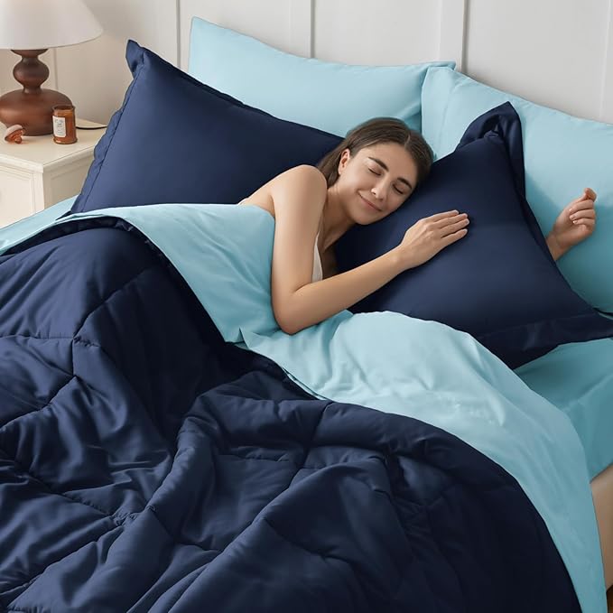 JOLLYVOGUE King Comforter Set, Ultra-Soft Bed in a Bag King Size 7 Pieces, Oeko-TEX Certified Bedding Set with Down Alternative Comforter, Sheets, Pillowcases & Shams, Navy & Light Blue