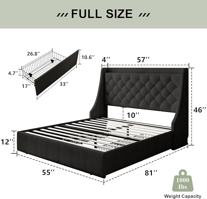 Feonase Upholstered Full Size Bed Frame with 4 Storage Drawers, Large Wingback Storage Headboard, No Box Spring Needed, Black
