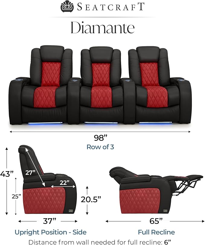 Seatcraft Diamante Zero-Gravity CoolZero Italian Leather Home Theater Seating, Power Headrest, Power Recline, Row of 3, Black/Red