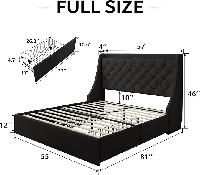 iPormis Full Size Bed Frame with 4 Storage Drawers, Upholstered Platform Bed Frame with Type-C & USB Ports, Wingback Storage Headboard, Solid Wood Slats, No Box Spring Needed, Black