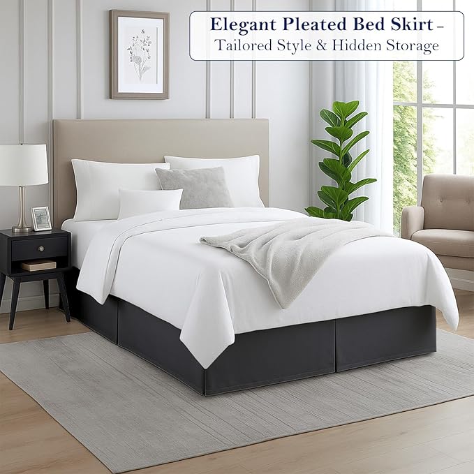 Twin Bed Skirt, Luxury 16 Inch Drop Dark Grey Pleated Bed Skirt, Double Brushed Microfiber, Box Pleat Design, Wrinkle & Fade Resistant, Easy Fit Tailored Bedskirt for Twin Size Beds
