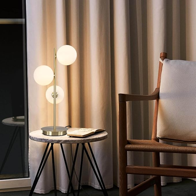 Modern Glass Globe Table Lamp 3 Lights Mid Century Small Gold Desk Lamp Contemporary Minimalist Brass Bedside Table Lamps with White Glass Shade Reading Lamp for Bedroom Office G9 MTL03-W