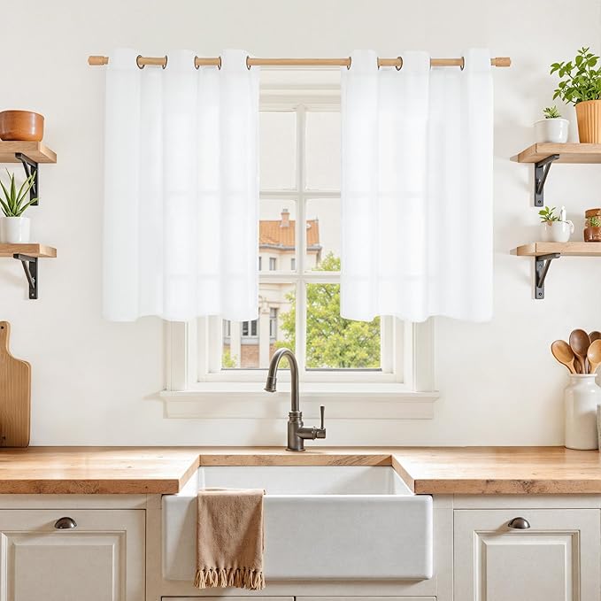 YoungsTex White Linen Curtains 36 Inch Length for Kitchen Cafe Window, Semi Sheer Drapes Light Filtering with Bronze Grommet for Bathroom Bedroom Decorative, 42 X 36 Inch