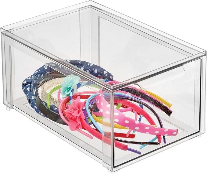 mDesign Plastic Stackable Bathroom Storage with Pull Out Bin Organizer Drawer for Cabinet, Vanity, Shelf, Cupboard, Cabinet, or Closet Organization - Lumiere Collection - 4 Pack - Clear