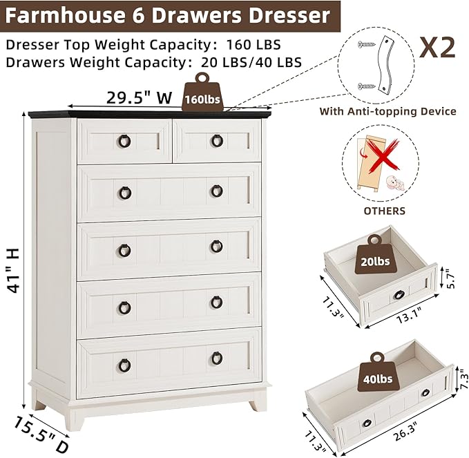 Farmhouse 6 Drawer Dresser for Bedroom, 41" Tall Small Dressers & Chest of Drawers, Rustic Wood Dresser with Metal Handle, Storage Organizer Closet for Living Room, Hallway, Entryway
