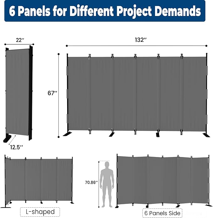 Room Divider, 6 Panel Upgraded Folding Privacy Screen, 132” Highly Secretive Separation with 4 Metal Feet, Partition Screen, Lightweight Freestanding Wall Divider Bedroom (Grey)