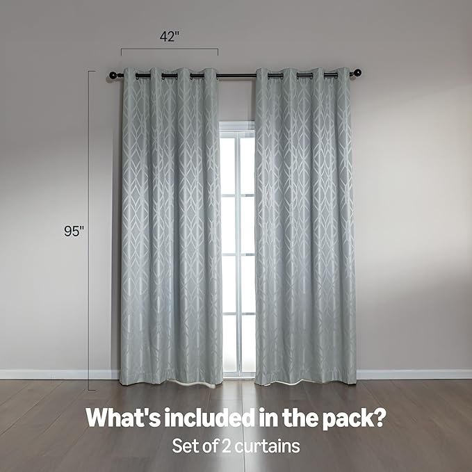 Amazon Basics Jacquard 2-Piece 100% Blackout Curtains, Living Room and Bedroom Drapes, Thermal Insulated Window Treatment, 42"x95", Light Grey