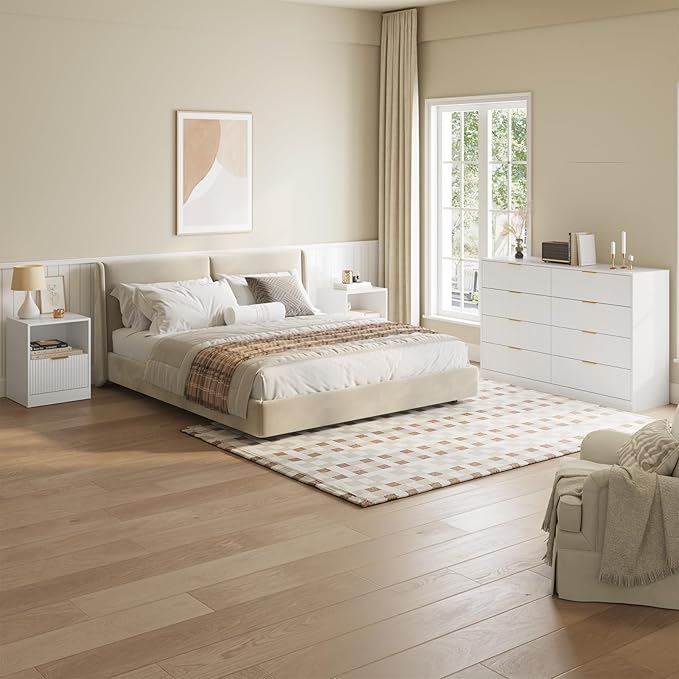 8 Drawer Dresser & Nightstand Set 3-Piece, 55” Wide Bedroom Set Night Stand Set of 2 with Metal Handle, Fluted Modern Wood Chest of Drawers Storage Dressers Set for Bedroom, White