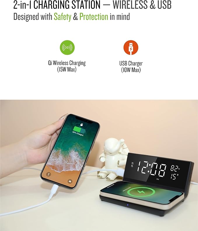 Soundfreaq Charge Rise II, SFQ-20: Digital Alarm Clock, with Dual Alarms, Fast USB Charger and Wireless Charger (Black)