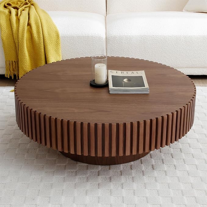 LKTART Round Coffee Table for Living Room, Accent Fluted Drum Coffee Table with Storage, Modern Solid Wood Circle Center Tea Table for Small Space Apartment (31.5''D×14''H-Walnut)