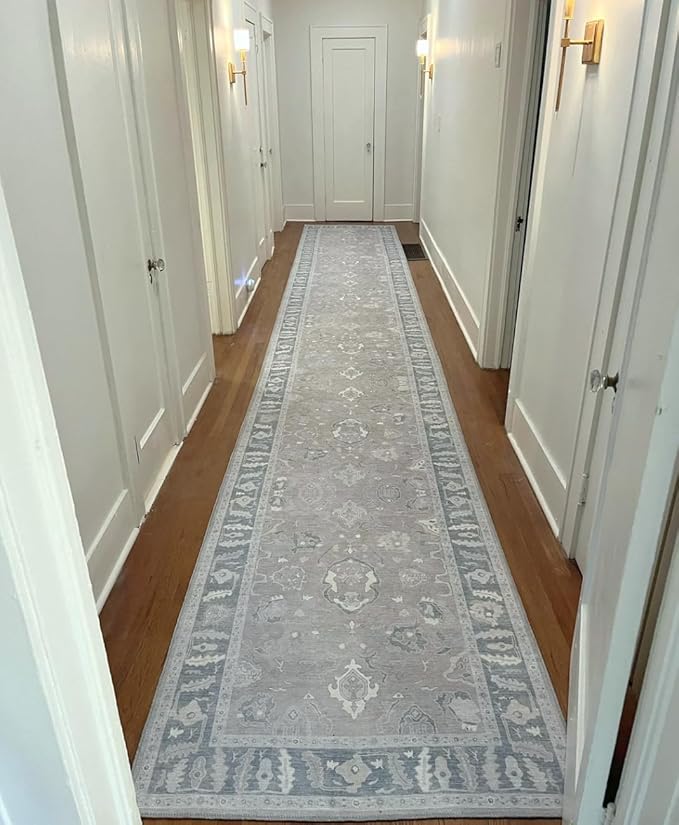 Fame Rugs Gray Modern Oushak Rug 2'6"x10, Vintage Turkish Colorful Oriental Antique Inspired Foldable Long Washable Runner Rugs, Luxury Living Room Bedroom (389GBB, 2'6" x 10')