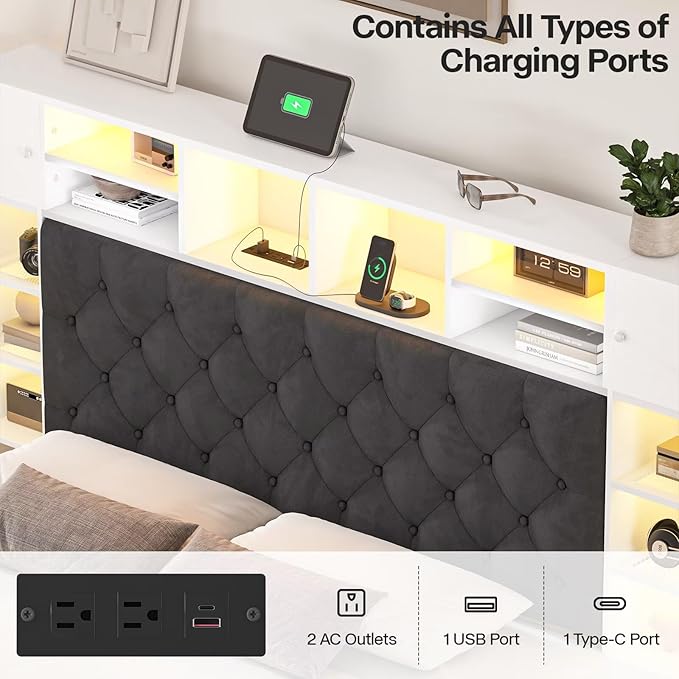 Full Size Bed Frame with Bookcase Headboard and Storage Drawers, 51.2" Metal Platform Full Bed Frame with Charging Station and LED Lights, Velvet Upholstered Tufted Bed Frames, White