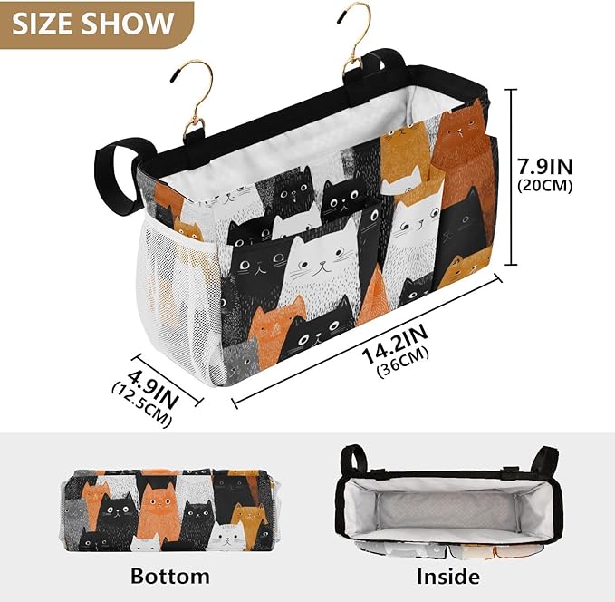 Bedside Caddy Hanging Bunk Bed Caddy Bed Organizer Hanging Pocket with 2 Hooks Bedside Storage Organizer Pocket Bag Holder Black and White Orange Cat