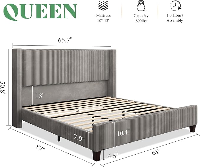 AMERLIFE Queen Size Upholstered Bed Frame with 50.8" Tall Headboard, Wingback Platform Bed with Solid Wood Legs, Wooden Slats, Corduroy/No Box Spring Needed/Noise Free/Greige