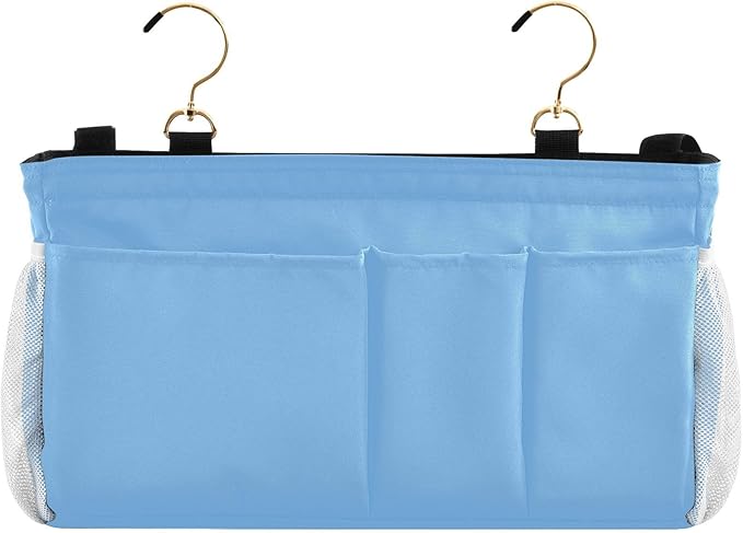 KOPIRIT Lake Blue Bedside Caddy Storage Bag Bedside Organizer for Dorm Room Top Bunk Bed Bedside Shelf Hanging Organizer 6 Pockets with Hooks for Glasses Book Tablet Holder