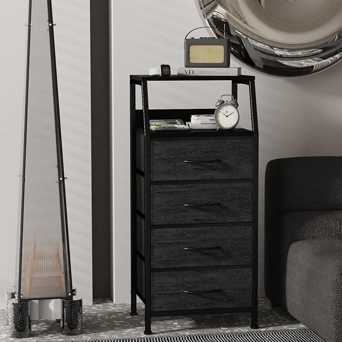 Dresser with 4 Drawers, Fabric Storage Tower for Bedroom, Black Clothes Storage Drawers, Vertical Closet Organizer for Kids Room, Entryway, Nightstand Bedside Table, Sturdy Steel Frame & Wooden Top
