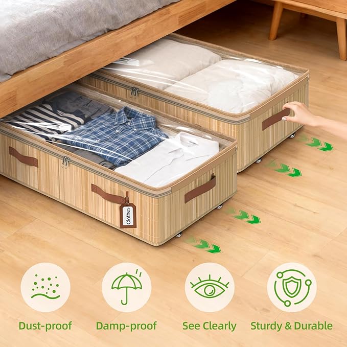 Livole 3 Pack Bamboo Under Bed Storage with Wheels, 6 inches Underbed Storage Containers, 56L XXL Rolling Under Bed Storage Bins with Clear Lid & Label for Clothes, Blankets, Sweater, Shoes