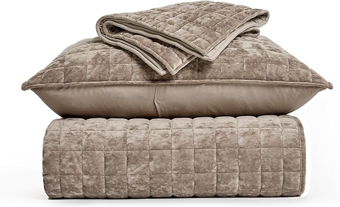 RECYCO Luxury Velvet Quilt Queen Size Bedding Set, Ultra Soft Velvet Comforter Set, Lightweight Quilted Channel Box Stitch Oversized Bedspread Coverlet for All Season, with 2 Shams, Natural Tan