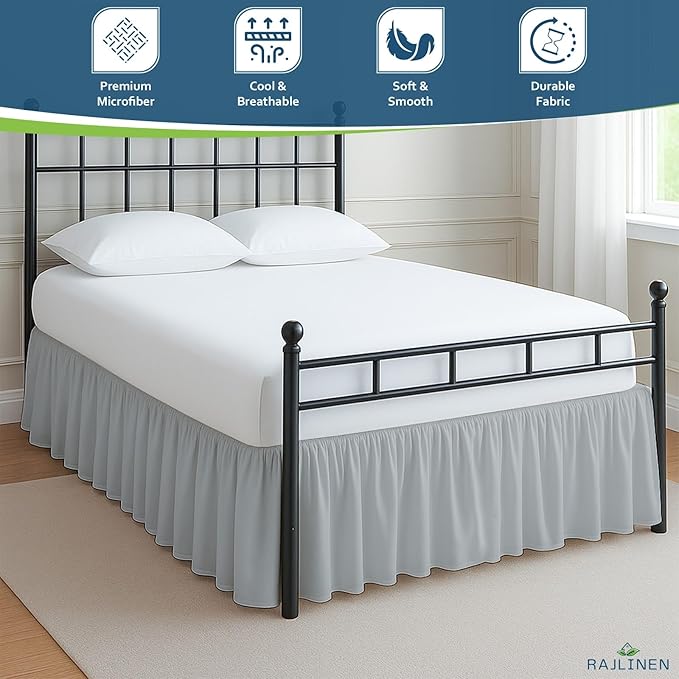 Rajlinen Ruffled Bed Skirt Twin, 10 Inch Drop Dust Ruffle with Split Corners, 100% Microfiber Bedskirt with Platform, Three-Sided Coverage Ruffled Gathering Design, Light Grey