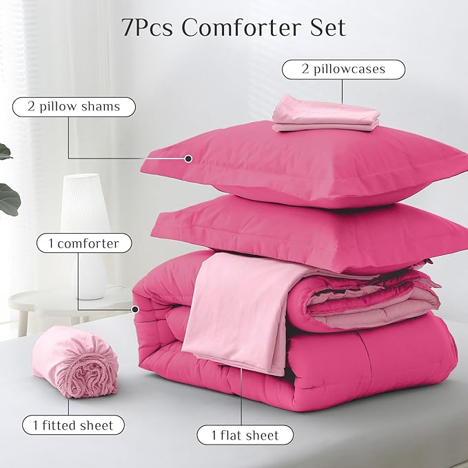JOLLYVOGUE Queen Comforter Set, Ultra-Soft Bed in a Bag Queen Size 7 Pieces, Oeko-TEX Certified Bedding Set with Down Alternative Comforter, Sheets, Pillowcases & Shams, Hot Pink & Baby Pink