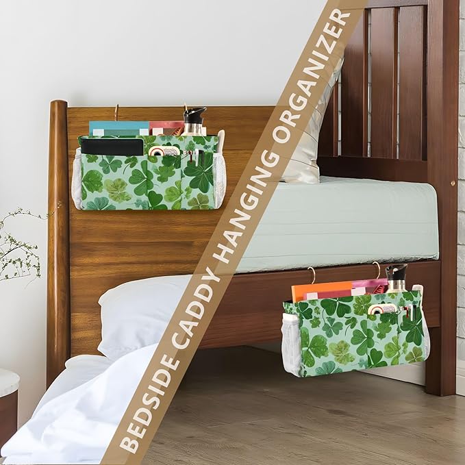 Bedside Caddy Hanging Bunk Bed Caddy Bed Organizer Hanging Pocket with 2 Hooks Bedside Storage Organizer Pocket Bag Holder Green Nature St Patrick Clovers
