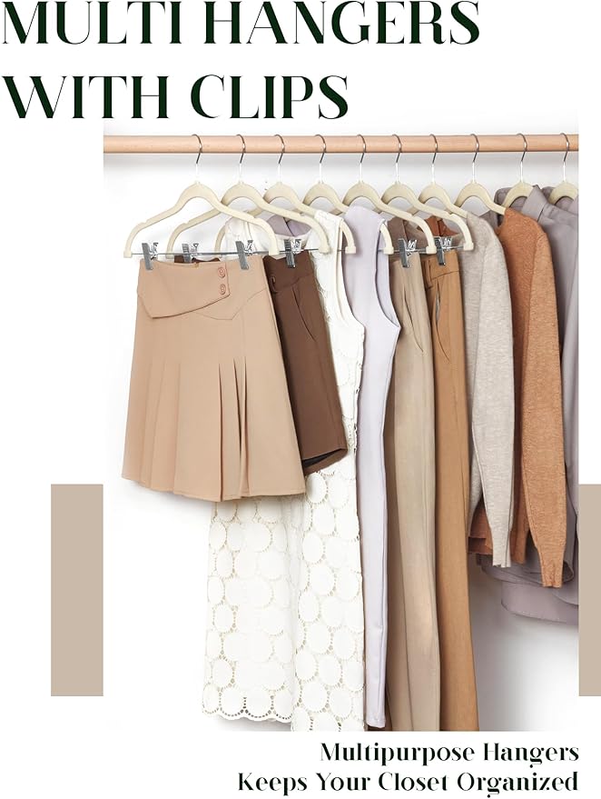 Cozymood Velvet Skirt Hangers 36 Packs Ultra Thin Hangers with Clips Non Slip Velvet Pant Hanger Space Saving Clothes Hanger with Clips for Pants, Skirts, Jeans, Shorts (Beige)