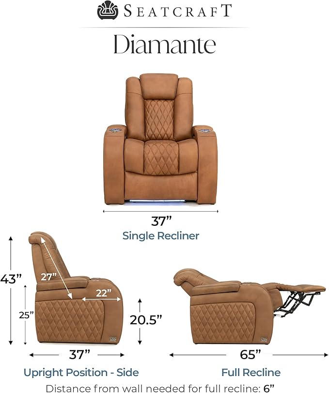 Seatcraft Diamante Zero-Gravity CoolZero Italian Leather Home Theater Seating, Power Headrest, Power Recline, Single Recliner, Tawny