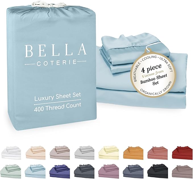 Bella Coterie Luxury Bamboo Viscose King Size Sheet Set | 100% Organically Grown | Ultra Soft | Cooling for Hot Sleepers | 18" Deep Pocket [Coastal Blue]