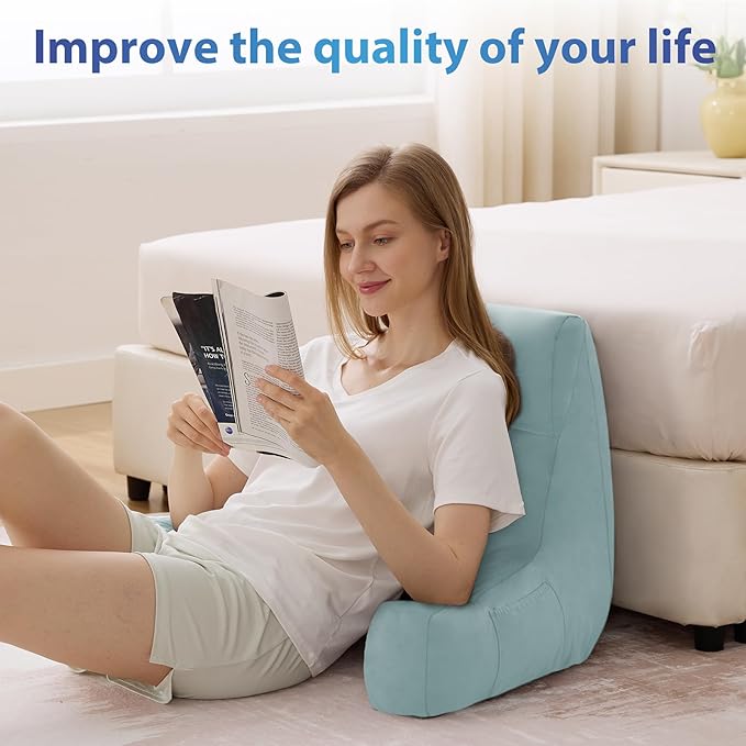 IPYNBAP Back Pillow for Bed Sitting up, Reading Pillow for Sitting in Bed Adult, Back Support Pillow, Memory Foam Sit up Lounge Backrest Pillow with Arms for TV, Couch, Chair, Dorm, 18 Inch, Lake Blue