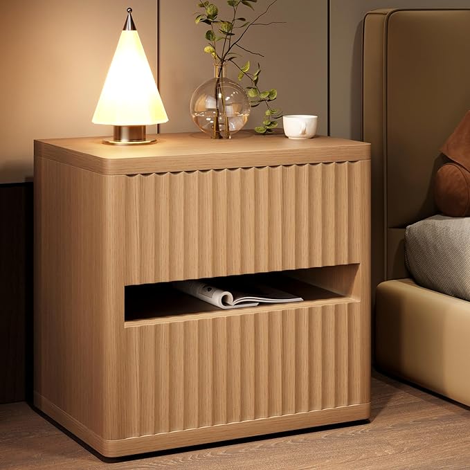 Dripex Fluted Nightstand with 2 Drawers, Large Wide Wood Night Stand Bedside Table for Bedroom, Mid-Century Modern Storage Bed Side Table, End Table for Living Room Sofa Couch, Natural Oak