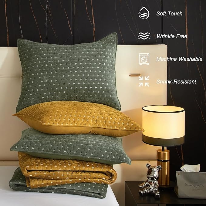 Velvet Quilt King Size, Oversized Bedspread Quilted Bedding Set, Luxurious Soft Coverlet Set Lightweight Velvet Comforter for All Season with 2 Pillow Shams, 96x106" Army Green Striped Quilt Set