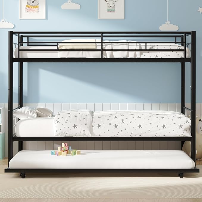 VECELO Bunk Bed Twin Over Twin with Trundle, Metal Bunkbeds with Ladder and Full-Length Guardrail, No Box Spring Needed, Space Saving, Noise Free, Black