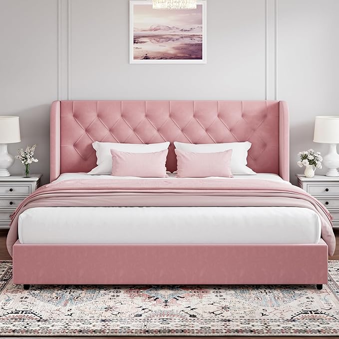 HOMBCK Pink King Size Bed Frame, Upholstered Platform Bed Frame with Velvet Tufted Headboard, Curved Wingback Design, Wooden Slats, No Box Spring, Noise Free, Easy Assembly