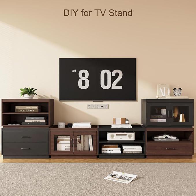 Stackable Storage 2-Shelf, 28" Wide Storage Bins with Open Compartment for Closet Organizers, Wood Stackable Closet Organizer Modern Large Stackable Storage Units for Living Room Hallway, Brown