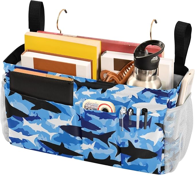 Bedside Caddy Hanging Bunk Bed Caddy Bed Organizer Hanging Pocket with 2 Hooks Bedside Storage Organizer Pocket Bag Holder Marine Bright Sky Blue Shark