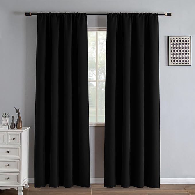 Black 100% Blackout Curtains 84 Inch Length 2 Panels Set, Black Out Curtains for Bedroom 84 Inch Long, Rod Pocket Energy Saving Room Darkening Drapes for Living Room Dining Room Window(W52 x L84)