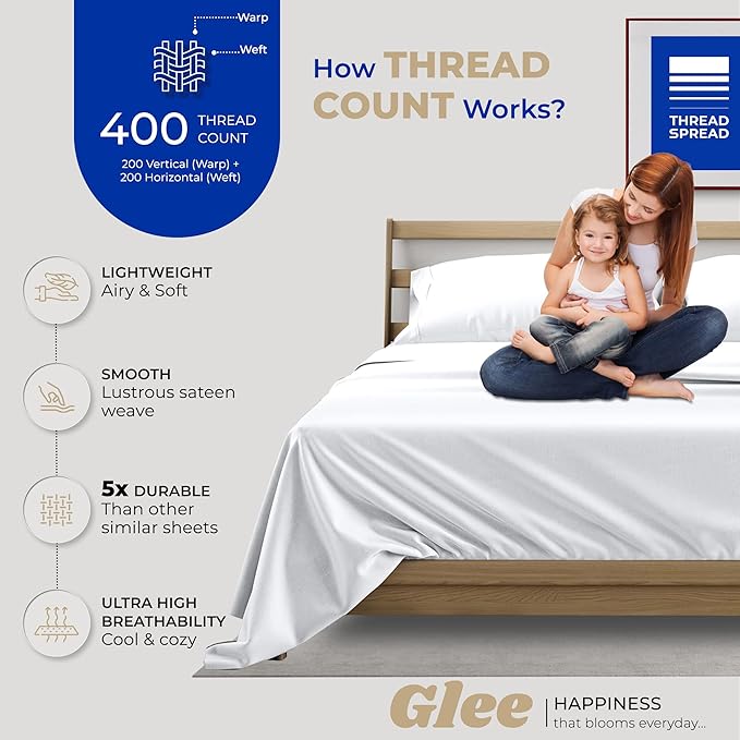 THREAD SPREAD 100% Cotton Sheets Twin Size - 400 Thread Count Cotton Bed Sheets Twin, 3 PC Set (White), Luxury Soft, Breathable, Cooling, Sateen Weave 16" Deep Pocket Bedsheet for Dorm Rooms
