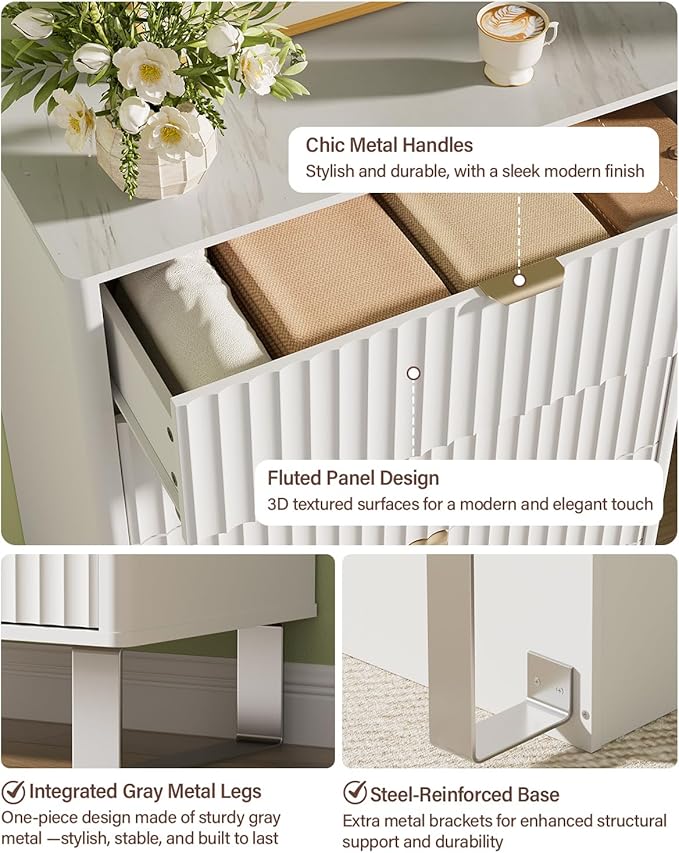 Fluted 5 Drawers Dresser, 48" H Modern Country Storage Dressers with Brushed Metal Handles, Wood Storage Organizers for Living Room, Hallway, White