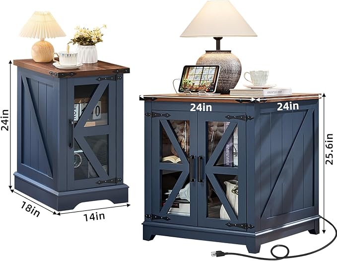 Farmhouse End Table Set 2, Narrow 18'' Night Stand with Glass Barn Door, 24" Square Side Table with Charger Station, Living Room Furniture Sets, Wood Nightstand Bedside Tables for Bedroom