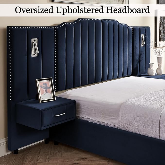 Luxury Queen Bed Frame with Headboard and Storage, Velvet Fabric Upholstered Platform Bed Frame Queen Size with LED Lights, Solid Frame & Bedside Table, No Box Spring Needed, Dark Blue