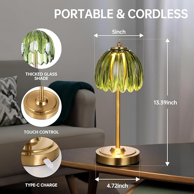 Set of 2 Tulip Table Lamp with 5000mAh Battery & Touch Control, Cordless Small Table Lamp with 3 Colors, Dimmable Rechargeable Table Lamps for Bedroom, Desk, Bedside (Green Tulip)