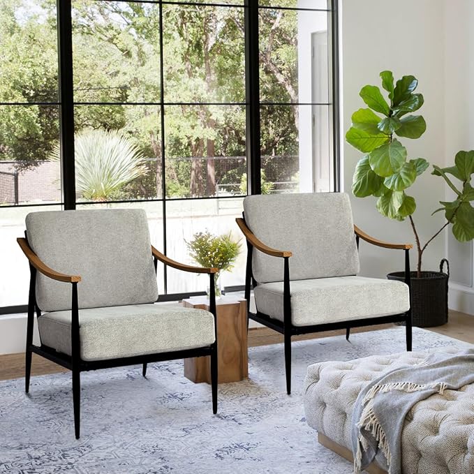 Modern Accent Chairs Set of 2 for Living Room Bedroom Mid Century Arm Chairs Upholstered Office Accent Chairs Comfy Waiting Room Chairs with Metal Frame, Grey