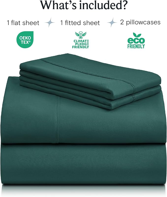 LuxClub 4 PC King Sheet Set, Deep Pockets Wrinkle Free Cooling Bed Sheets Hotel Bedding for Women, Men, Includes 1 Fitted Sheet, 1 Flat Sheet and 2 Pillowcases-Silky Soft Emerald