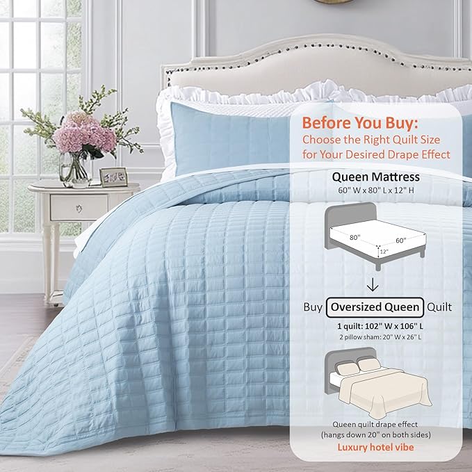 KASENTEX Oversized Queen Quilt Set 102"x106" – Soft Washed 3-Layer Lightweight Bedspread, Minimalist Nordic Design, All-Season Spring & Summer Quilt Set (1 Quilt + 2 Pillow Shams), Grey Blue