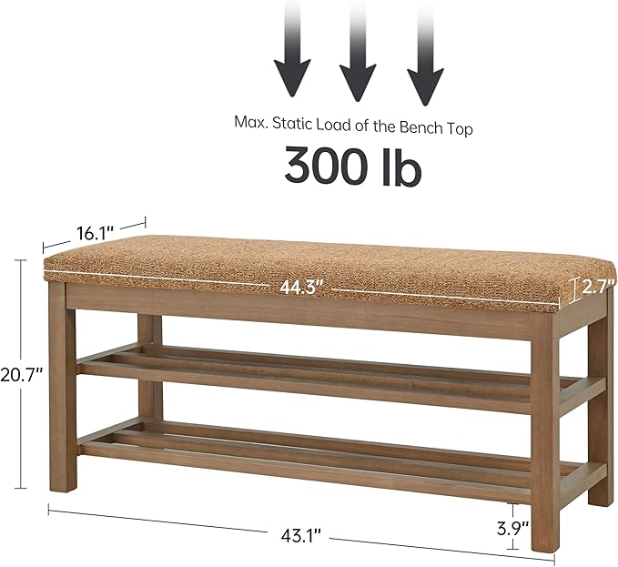 VKNOW Entryway Bench, 44.3” Upholstered Shoe Bench for Bedroom, 2-Tier Storage End of Bed Bench with Rubberwood Legs for Living Room, Hallway, Orange