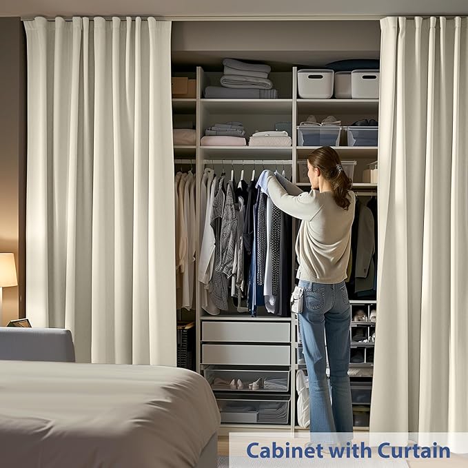 Room Divider Ceiling Mounted Curtains Track Sets Extra Wide Blackout Curtain Flexible Tracks for Bedroom Privacy Partition Separator, 1 Panel Beige Drape and White Rail, W15 x H8ft