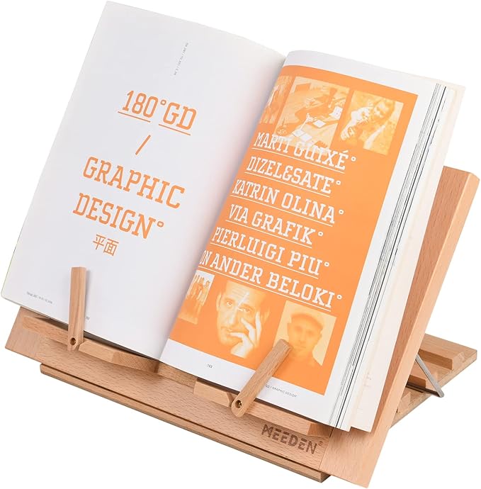 MEEDEN Book Stand with Page Holder Clips, Cookbook Holders for Reading Hands Free, Adjustable Foldable Solid Beechwood MacBook Stand for Laptop Textbook Bible File Documents - 13.39" x 9.25"