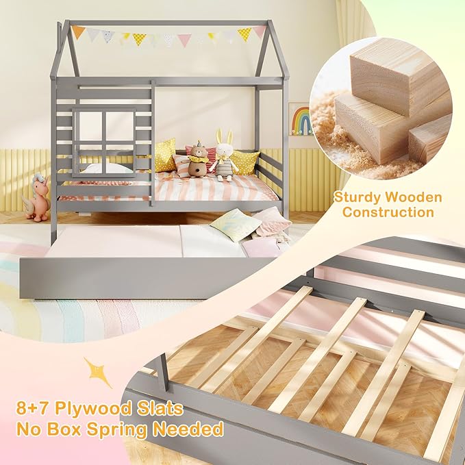 Giantex Twin House Bed with Trundle Bed, Wooden Twin Bed Frames with Roof, Chimney & Window, Montessori House Bed with Safety Guardrails for Kids, Boys, Girls, Teens (Grey)