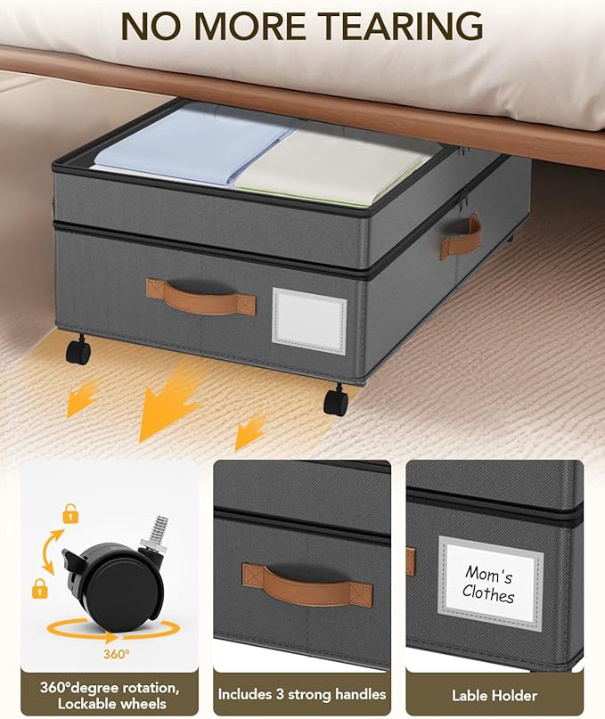 4 Pack Under Bed Storage with Wheels, Adjustable Height Storage Containers, 10 inches Large Capacity Rolling Underbed with Lids, Storage Drawers Shoes, Clothes, Blankets, Grey