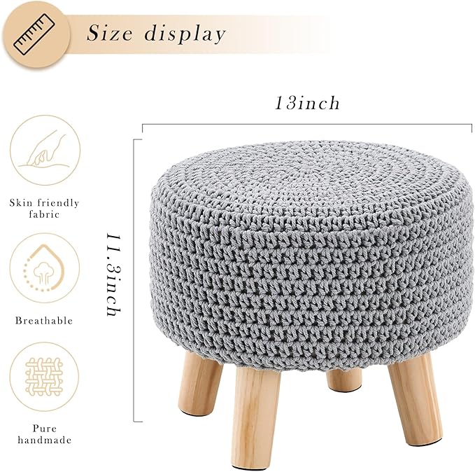 LGENHOOM Boho Ottoman Foot Stool Cotton Knitted Round Pouf Ottoman Foot Rest Stool with Non-Skid Wooden Legs Step Stool Padded Seat for Living Room Gray